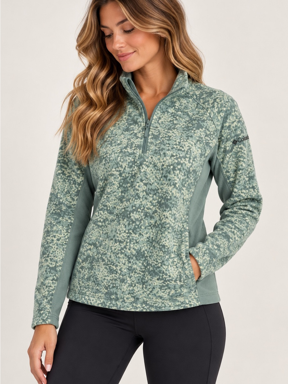 Columbia Arctic Air Printed Half Zip Fleece Women L Sage Green Pullover 1720421